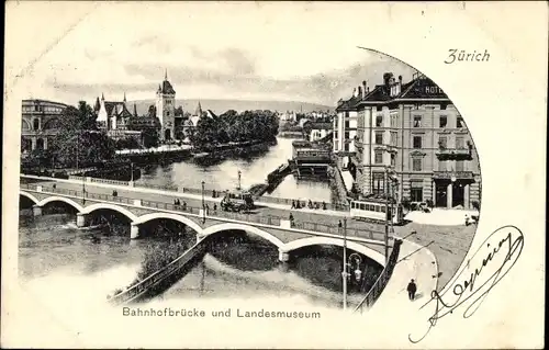 Ak Zürich Stadt Schweiz, Bahnhofbrücke und Landesmuseum