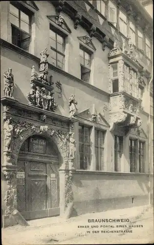 Ak Braunschweig in Niedersachsen, Erker und Portal eines Hauses in der Reichenstraße