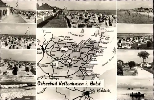Ak Ostseebad Kellenhusen in Holstein, Verschiedene Teilansichten, Landkarte, Strandkorb, Promenade