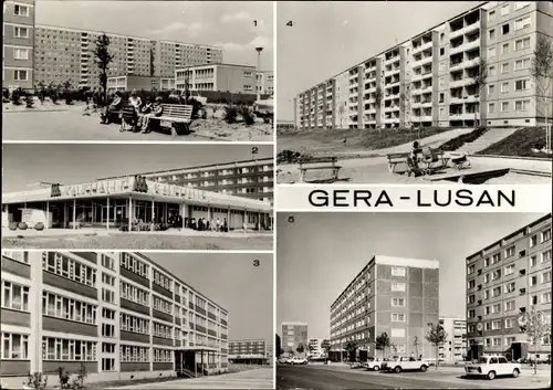 Ak Lusan Gera in Thüringen, Straße der Bauarbeiter, Kaufhalle, Birkenstraße, Hans Beimler Oberschule