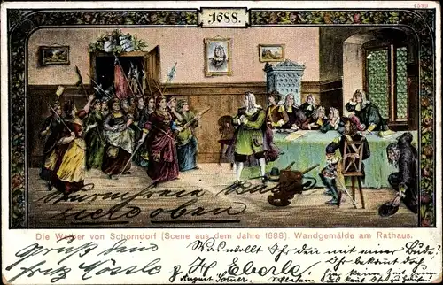 Künstler Ak Schorndorf in Württemberg, die Weiber von Schorndorf 1688, Wandgemälde am Rathaus