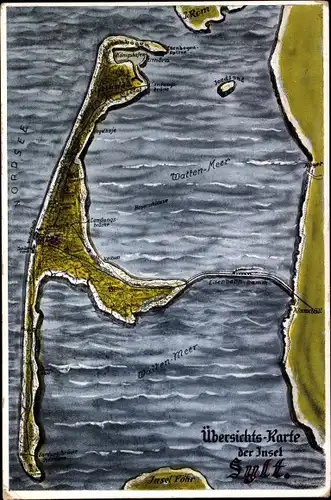 Landkarten Ak Insel Sylt in Nordfriesland, Übersicht
