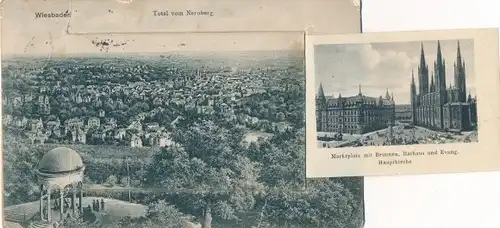 Leporello Ak Wiesbaden in Hessen, Panorama vom Neroberg, Marktplatz mit Brunnen, Rathaus, Kirche