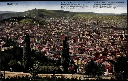 Ak Stuttgart in Württemberg, Panorama der Stadt, Spruch