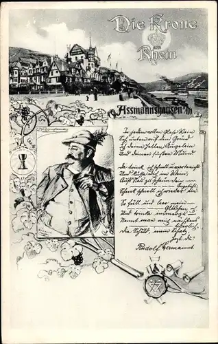 Ak Assmannshausen Rüdesheim, Stadtansicht mit Rhein, Rudolf Hermanns, Die Krone im Rhein