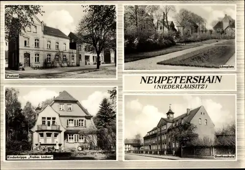 Ak Neupetershain in der Niederlausitz, Kinderkrippe Frohes Lachen, Postamt, Goetheschule, Lönsplatz