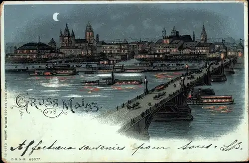 Mondschein Litho Mainz am Rhein, Panorama, Brücke