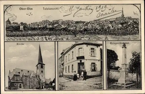 Ak Ober Olm in Rheinhessen, Gesamtansicht, Kirche, Kriegerdenkmal, Gasthaus