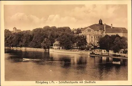 Ak Kaliningrad Königsberg Ostpreußen, Schlossteichpartie mit Stadthalle