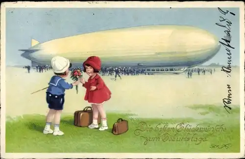 Künstler Litho Glückwunsch Geburtstag, Zeppelin, Kitsch, Meissner & Buch 3298