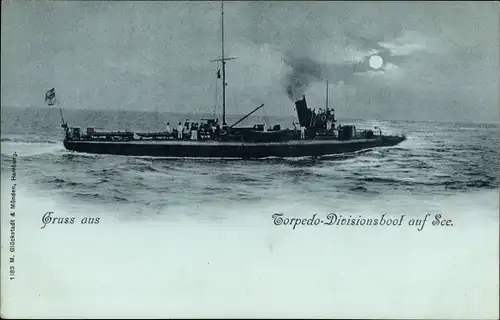 Mondschein Ak Deutsches Kriegsschiff, SM Torpedo Divisionsboot auf See