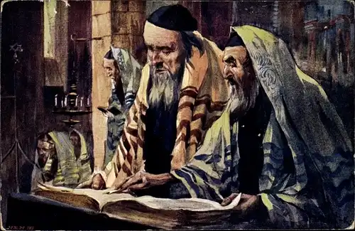 Judaika Künstler Ak Jüdische Gelehrte lesen in Buch, Synagoge