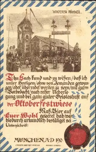 Ak München, Oktoberfest, Winzerer Fähndl, Urkunde