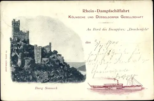 Ak Niederheimbach am Rhein, Burg Sooneck, Dampfer Drachenfels, Köln. Düss. Gesellschaft