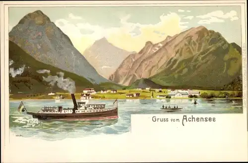 Litho Tirol, Achensee, Panorama, Dampfer