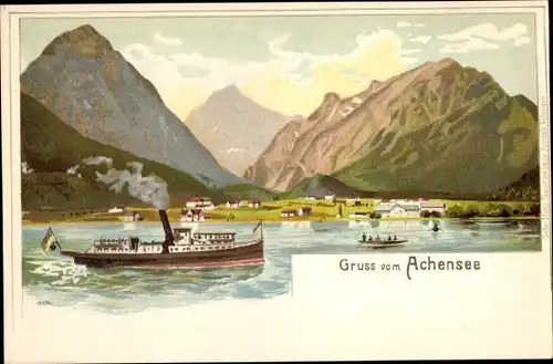 Litho Tirol, Achensee, Panorama, Dampfer