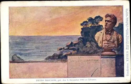 Künstler Ak Percival M.F., Pietro Mascagni Büste, Meer