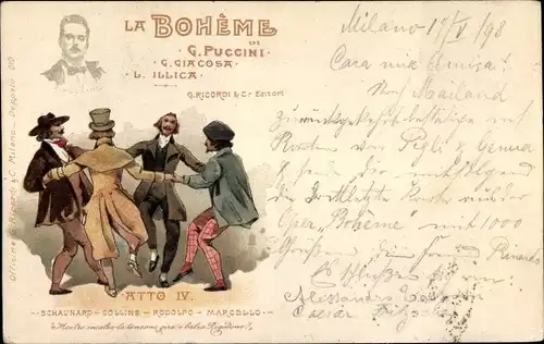 Litho La Boheme di G. Puccini, Atto IV, Schaunard, Colline, Rodolfo, Marcello