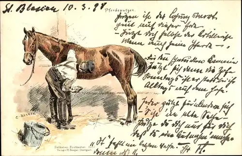 Künstler Litho Becker, Carl, Deutscher Soldat beim Pferdeputzen