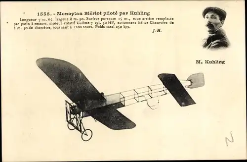 Ak Flugzeug, Monoplan Bleriot pilote par Kuhling