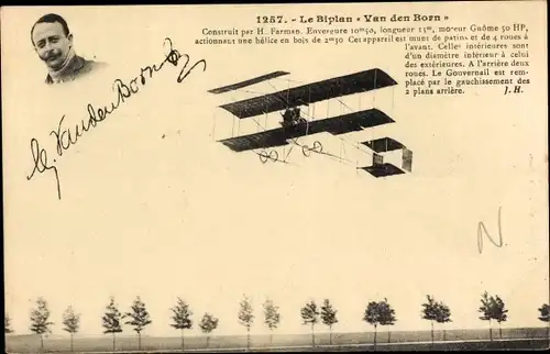 Ak Biplan Van den Born, Flugzeug im Flug, Pilot, Flugpionier