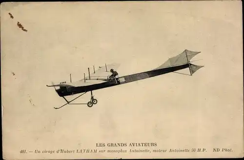 Ak Flugzeug, Les Grands Aviateurs, Un virage d'Hubert Latham sur monoplan Antoinette