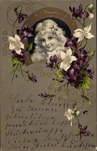 Präge Litho Glücksgrüße, Mädchenportrait, Hufeisen, Veilchenblüten