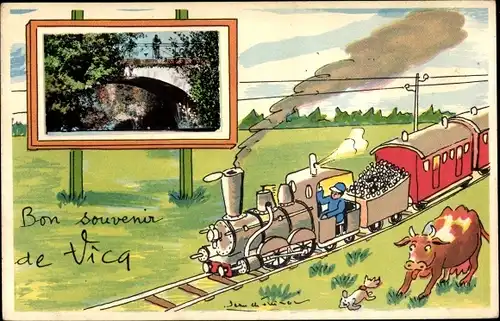 Künstler Ak Vicq-sur-Breuilh Haute Vienne, Eisenbahn, Kuh, Brücke