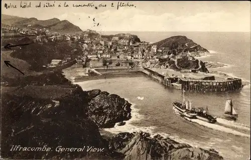 Ak Ilfracombe Devon England, Gesamtansicht, Boot, Schiff, Felsen, Hafen