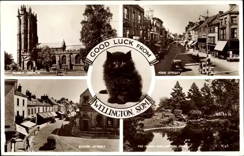 Ak Wellington Somerset England, South Street, Fore Street, Parish Church, Pond