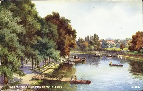 Künstler Ak Chester Cheshire England, River Dee from Suspension Bridge, Boote, Bootsanleger, Park