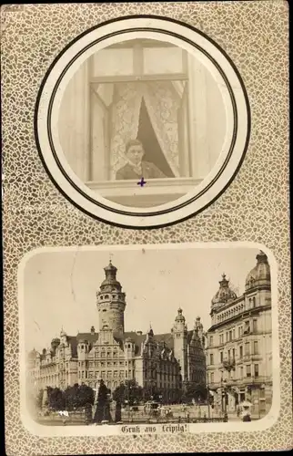 Passepartout Foto Ak Leipzig in Sachsen, Rathaus, Panorama, Junge am Fenster