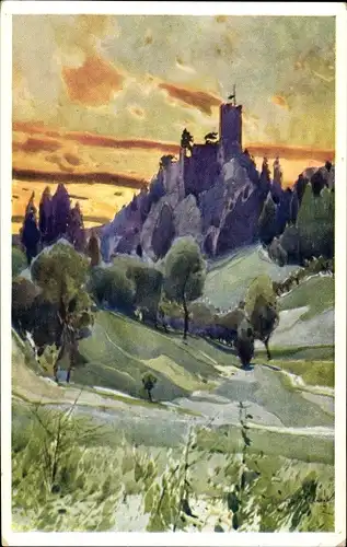 Künstler Ak Frýdštejn Friedstein Region Reichenberg, Burg Frýdštejn, Český ráj, Böhmisches Paradies