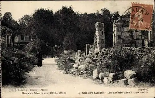 Ak Chauny Aisne, Les Escaliers des Promenades, Kriegszerstörung I. WK