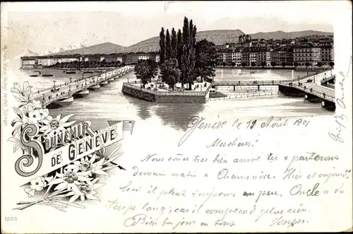 Litho Genève Genf Stadt, Blick auf den Ort, Brücken Fluss, Insel mit Bäumen