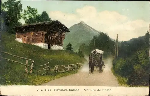 Ak Kanton Freiburg, Paysage Suisse, Voiture de Poste, Postkutsche auf Schweizer Landstraße