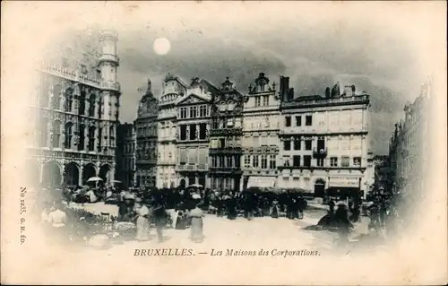 Mondschein Ak Bruxelles Brüssel, Les Maisons des Corporations