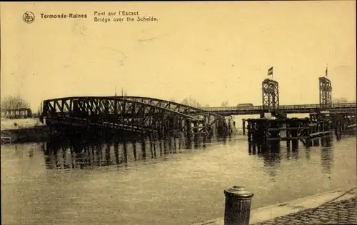 Ak Dendermonde Termonde Ostflandern, Ruines, Pont sur l'Escuat, Brücke, Fahne