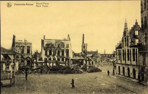 Ak Dendermonde Termonde Ostflandern, Ruines, Grand Place, Platz, Zerstörung