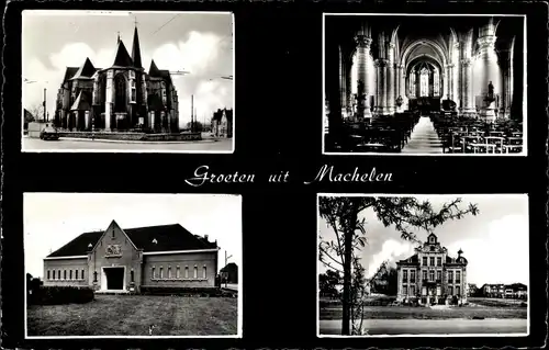 Ak Machelen Flämisch Brabant, Kirche, Innen und Außenansicht