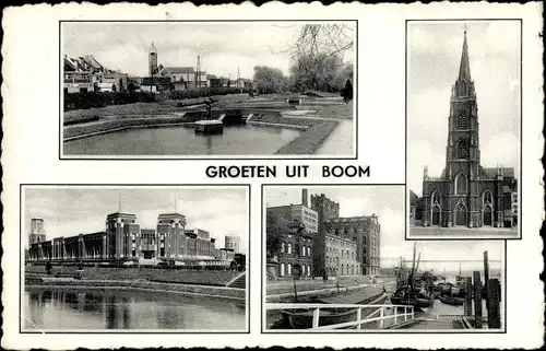 Ak Boom Flandern Antwerpen, Kirche, Park, Kanal, Schiff, Boote