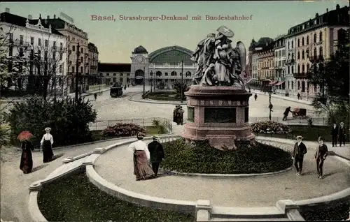 Ak Bâle Basel Stadt Schweiz, Strassburger-Denkmal mit Bundesbahnhof