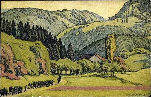 Künstler Ak Schlatter, E. E., Vallee du Jura pres de Fontenais, soldats en marche
