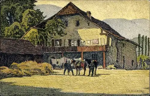Künstler Ak Schlatter, E. E., Kestenholz Solothurn Schweiz, Bauernhof, Pferde