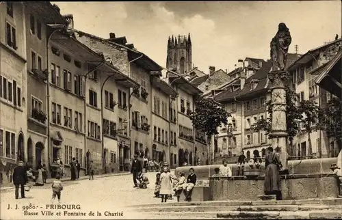 Ak Fribourg Freiburg Stadt Schweiz, Basse Ville et Fontaine de la Charite, Brunnen