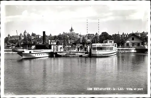 Ak Estavayer le Lac Kanton Freiburg, Ville, Port, Stadt, Hafen, Schiffe