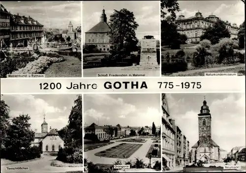 Ak Gotha in Thüringen, Wasserkunst u. Rathaus, Schloss Friedenstein m. Mahnmal, Naturkundemuseum