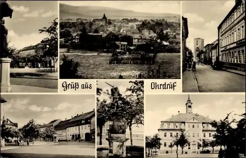 Ak Ohrdruf in Thüringen, Panorama, Straßenpartie, Rathaus, Denkmal