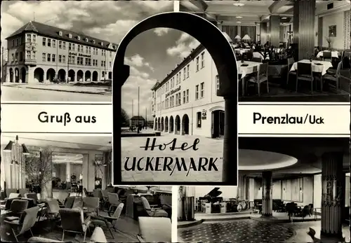 Ak Prenzlau in der Uckermark, Hotel Uckermark, Außenansicht, Inneres, Speisesaal, Klavier