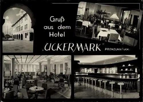 Ak Prenzlau in der Uckermark, Hotel Uckermark mit Einblick in die Säle, Bar